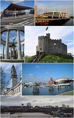 Clockwise from summit left: The Senedd building, Principality Stadium, Cardiff Castle, Cardiff Bay, Cardiff City Centre, City Hall clock tower, Welsh National War Memorial