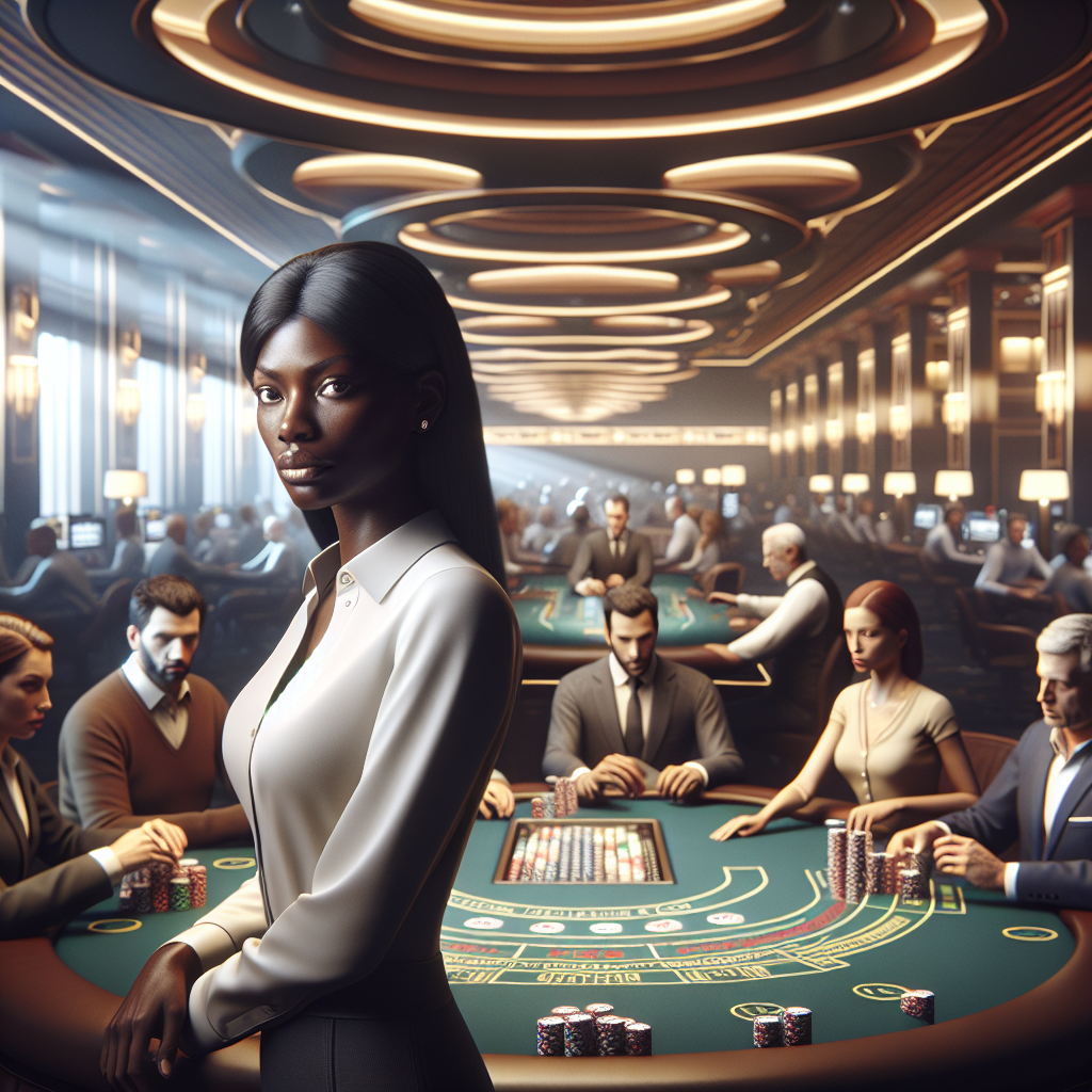 A serious dealer in a well-lit, trustworthy casino setting, overseeing a game with attentive players, highlighting the importance of fairness and integrity in gaming.
