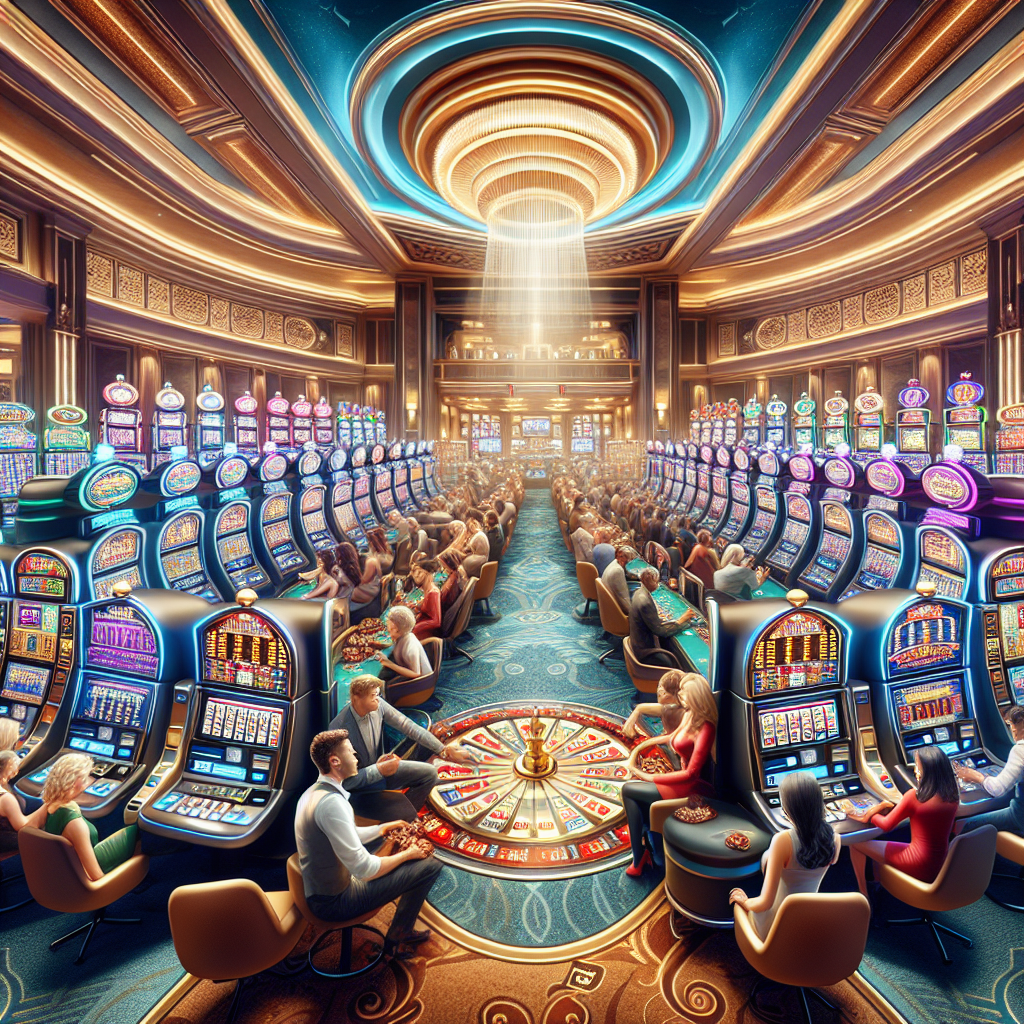 A thrilling casino floor with top slot machines known for frequent payouts, buzzing with anticipation and excitement.