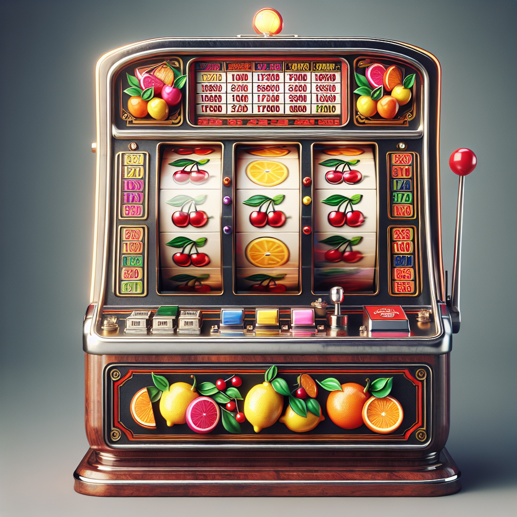 A row of vibrant fruit symbols like cherries, lemons, and oranges spinning on a classic slot machine, capturing the nostalgic allure of traditional casino games.